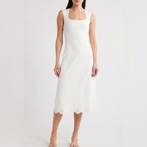 ZOE AND CLAIRE Eyelet Trim Sleeveless Knit Midi Dress In White Size M